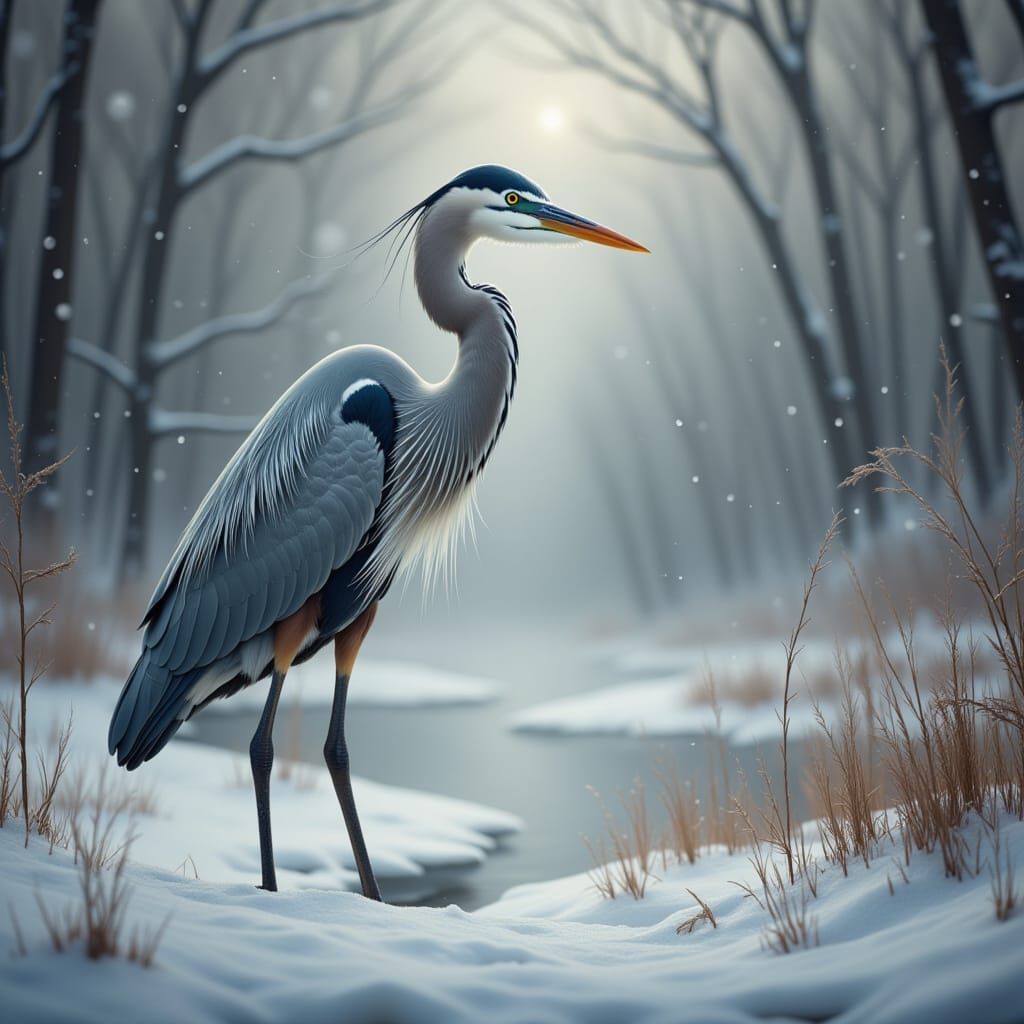 <lora:Heron:1.0>winter snowy wildlife endangered heron tim flach style