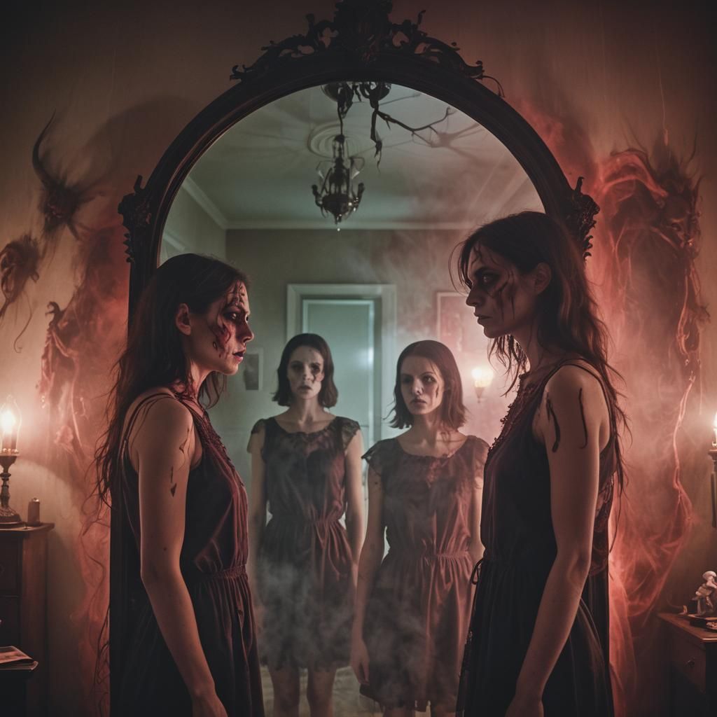 Upsidedown surreal astral projection ultimate feminine nightmare reality bedroom half real half hellish paralell reflection in mirror double...