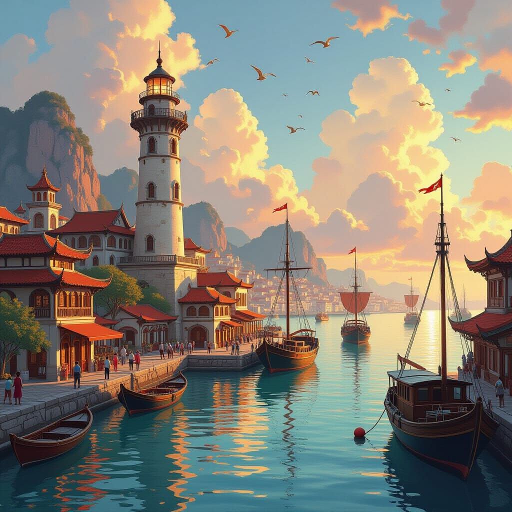 A bustling fantasy harbor city.  A lighthouse stands sentinel on the west side of the sound. Many ships ...  by @DocBanzai