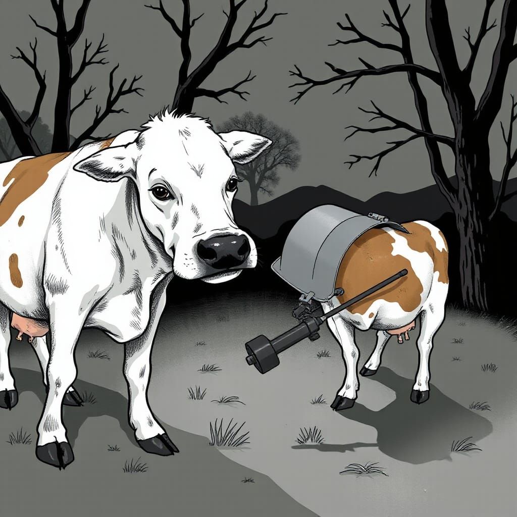 A dog investigates a cow? Where's the dog?  by @Fuzzykins