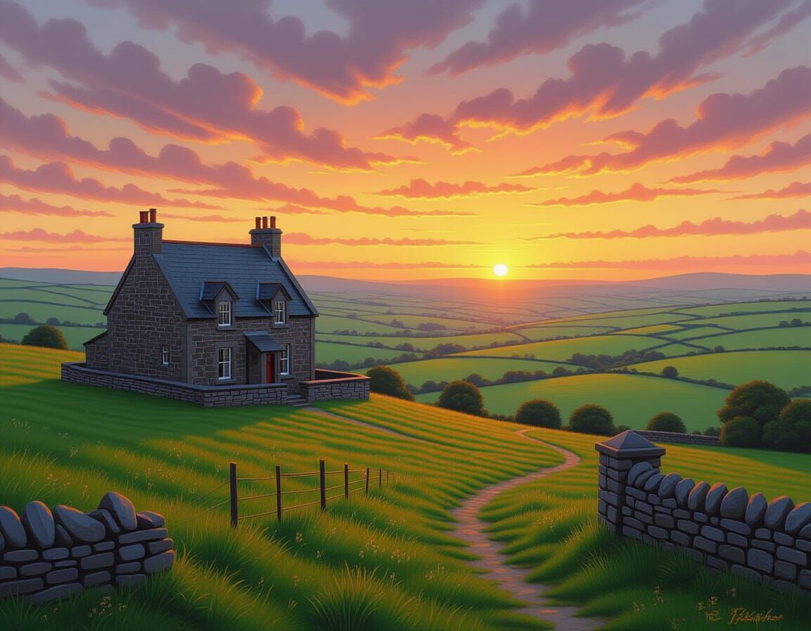 Stunning Oil Paint Portrait of Welsh House at Sunset