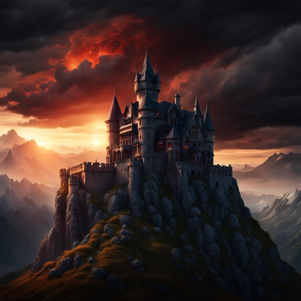 creepy vampire castle on top of a very very high mountain, dark clouds, sunset, cinematic, hyper realistic