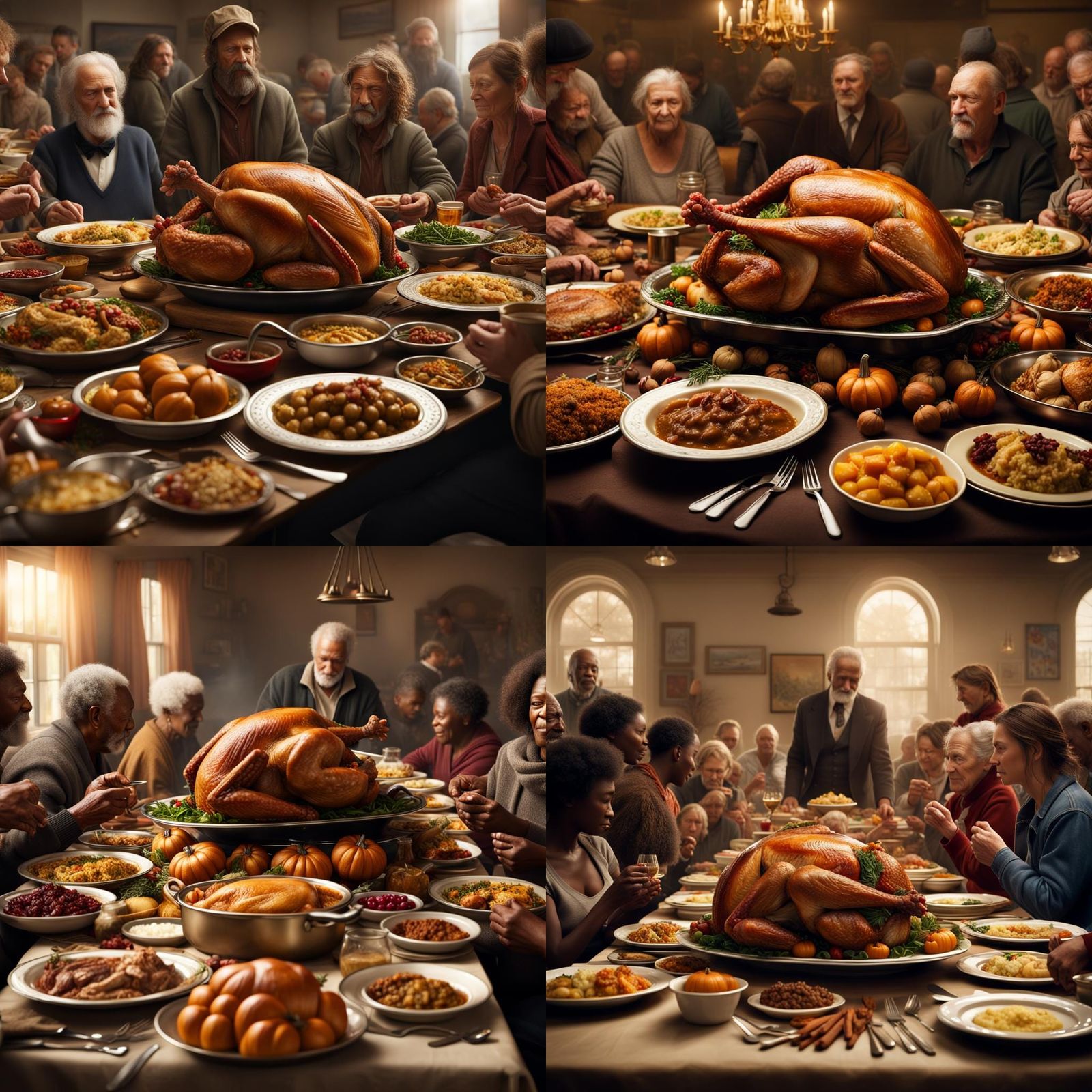 A beautiful golden brown turkey in the middle of a Thanksgiving feast at a homeless shelter, people eating at the table,...