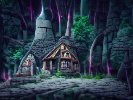 A wizard's cottage in the dark woods.