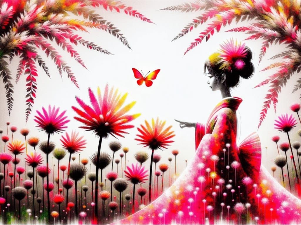 drawing, traditional Japanese doll in a vivid pink and gold kimono, with a weeping cherry blossom pattern, surreal landscape <lora:Chaotic:1...