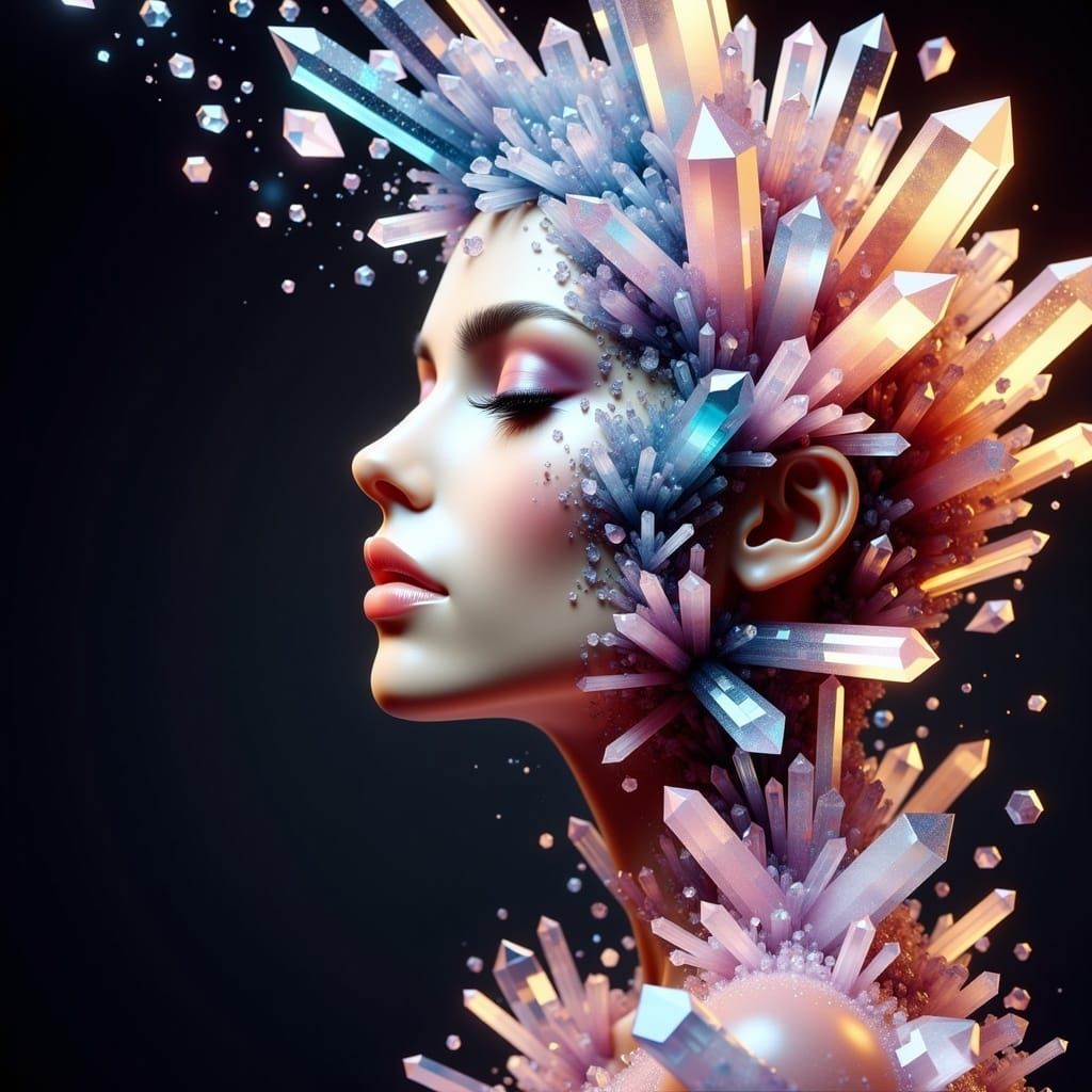 <lora:Crystallize:1.0>; a beautiful womans face with one half sprouting crystals; cloudy background; a stunning photo realistic; colorful cl...