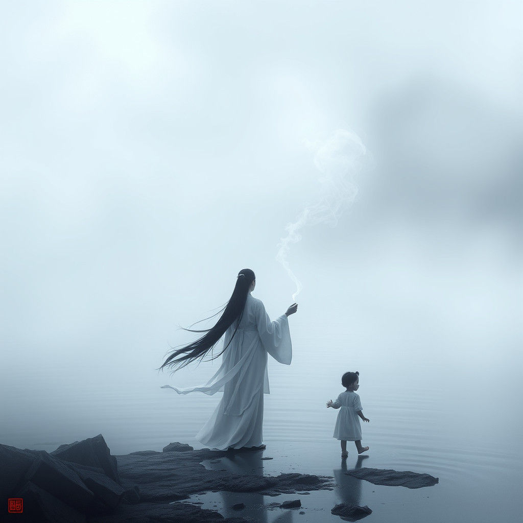 Ethereal Figure by Misty Lake: Chinese Landscape Art