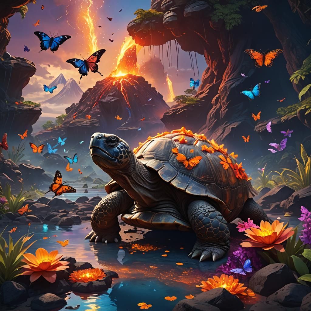 Giant Tortoise Drinks Lava: Fantasy Concept Art