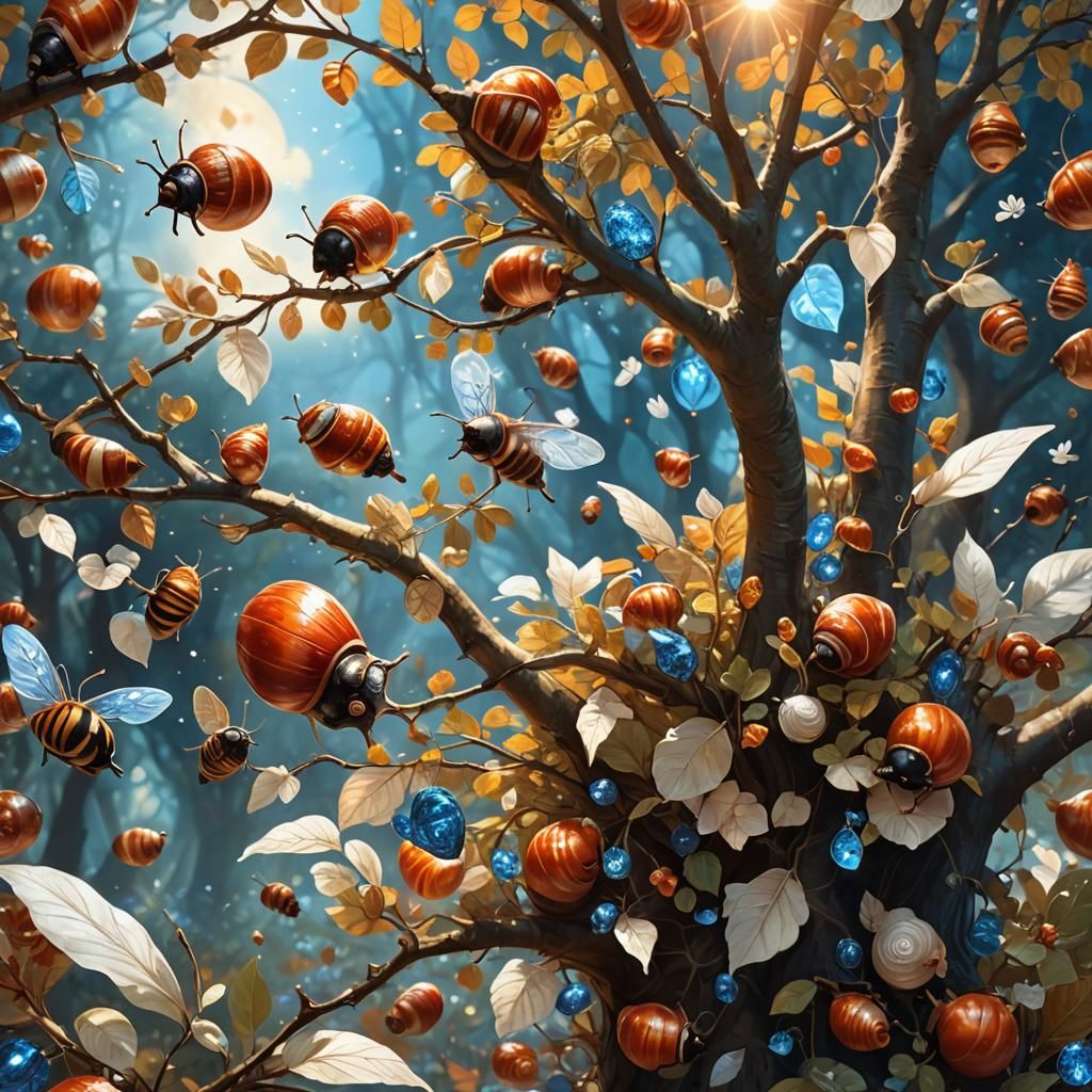 Create big red snails hanging from a tree with white leaves ...