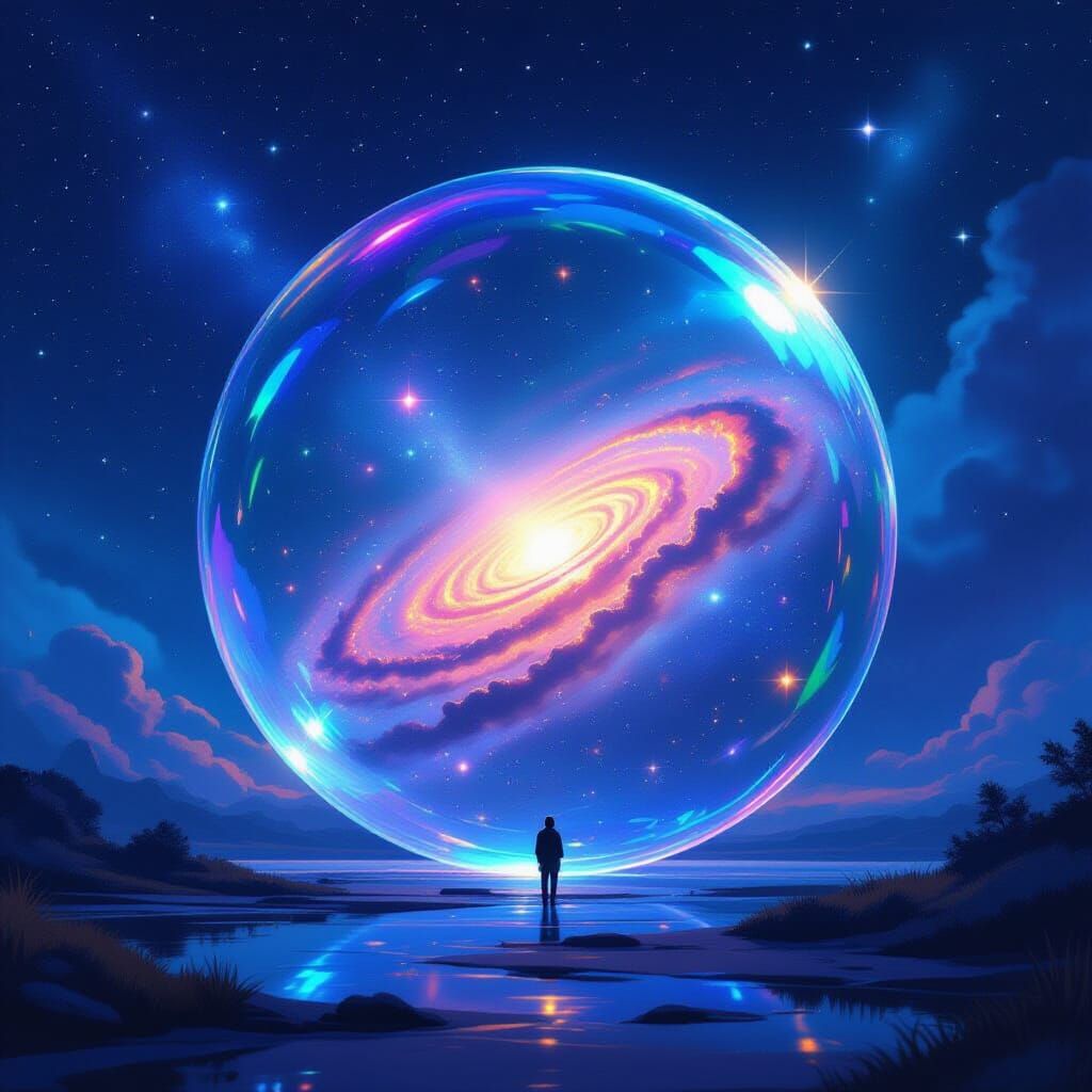 Iridescent Bubble Encasing Galaxy in Dreamy Sci-Fi Style