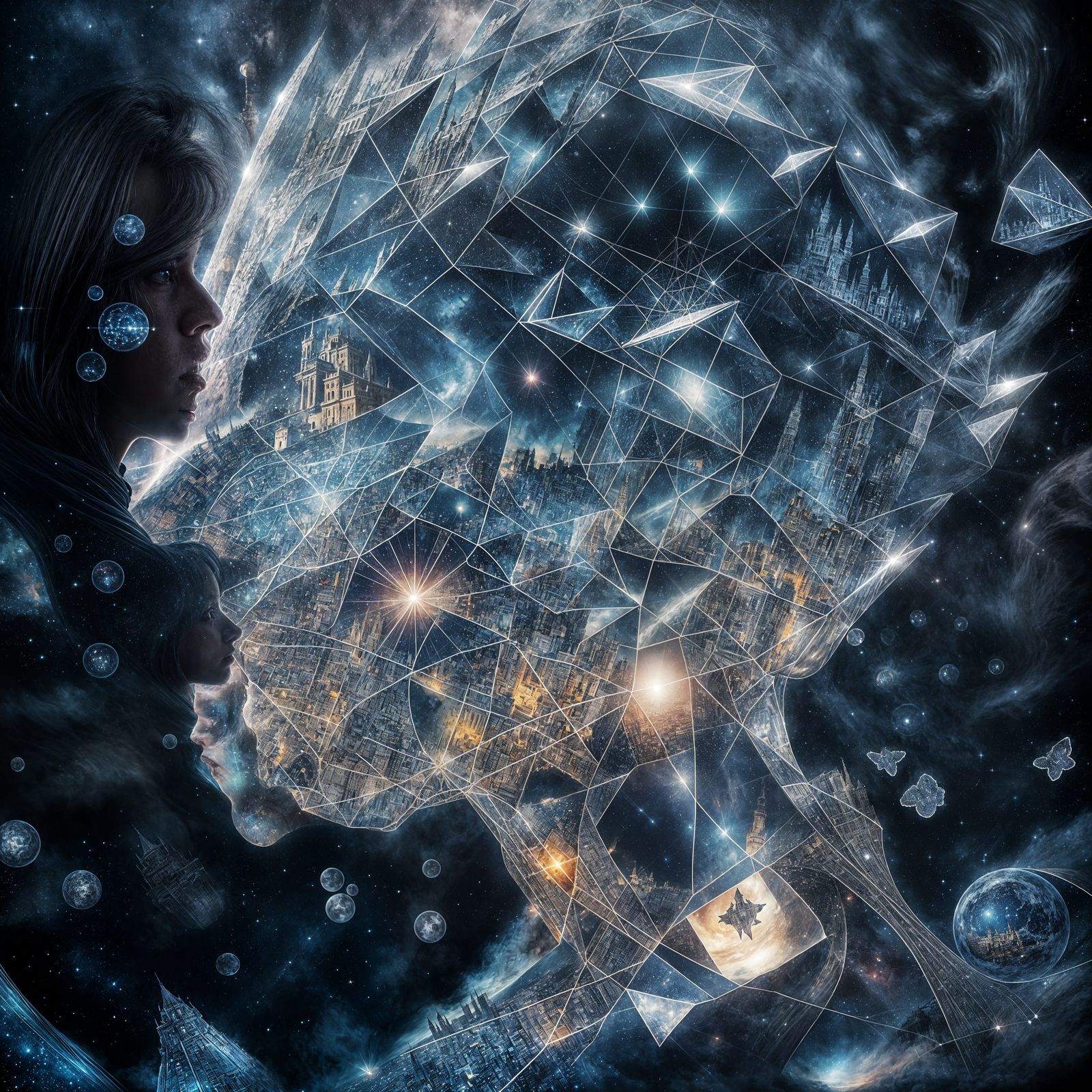 Surreal Double Exposure: Face Over Damascus in Cosmic Sky