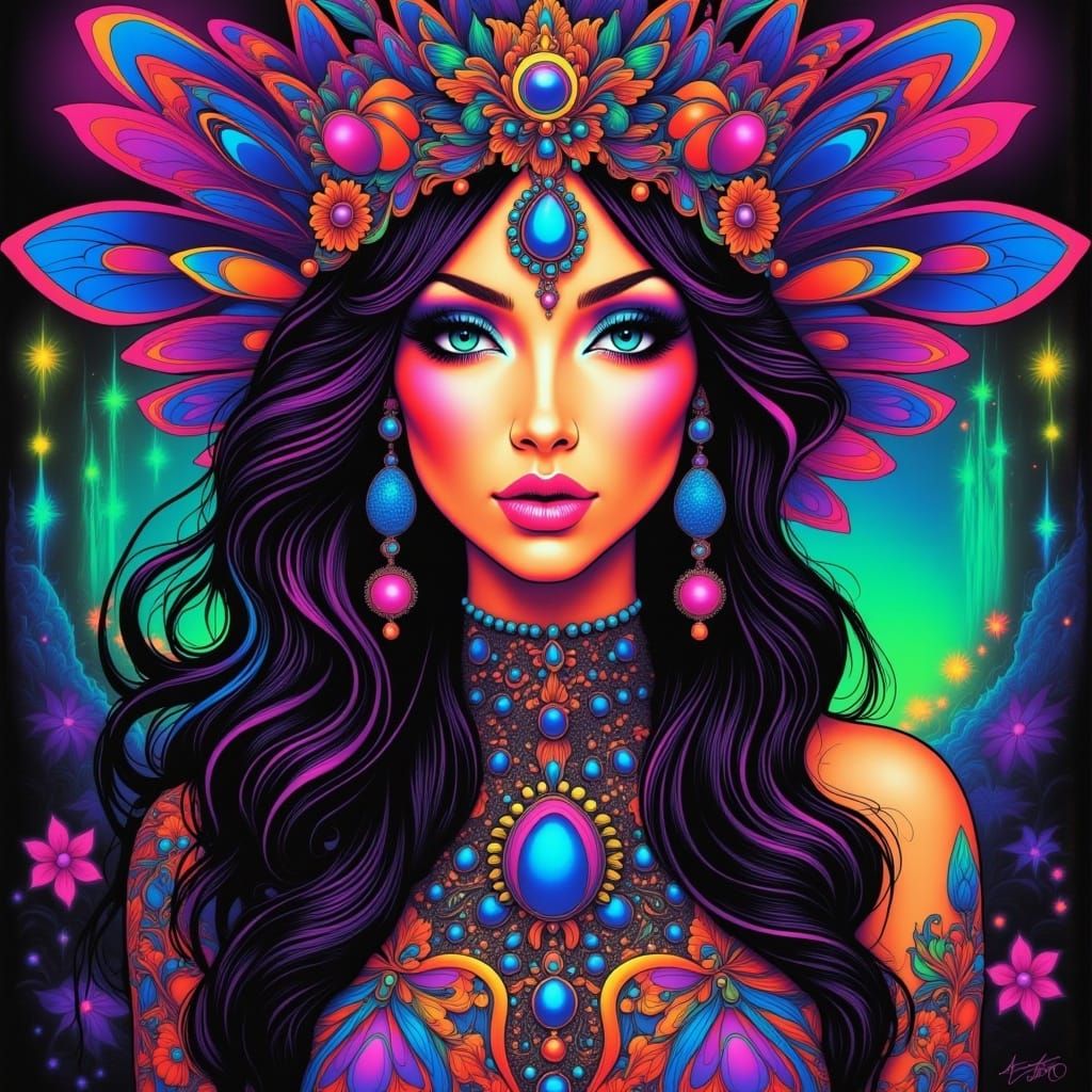 Hyperrealistic portrait of a beautiful woman wearing intricately detailed colorful clothing and futuristic jewellery. <lora:Vintage Blacklig...