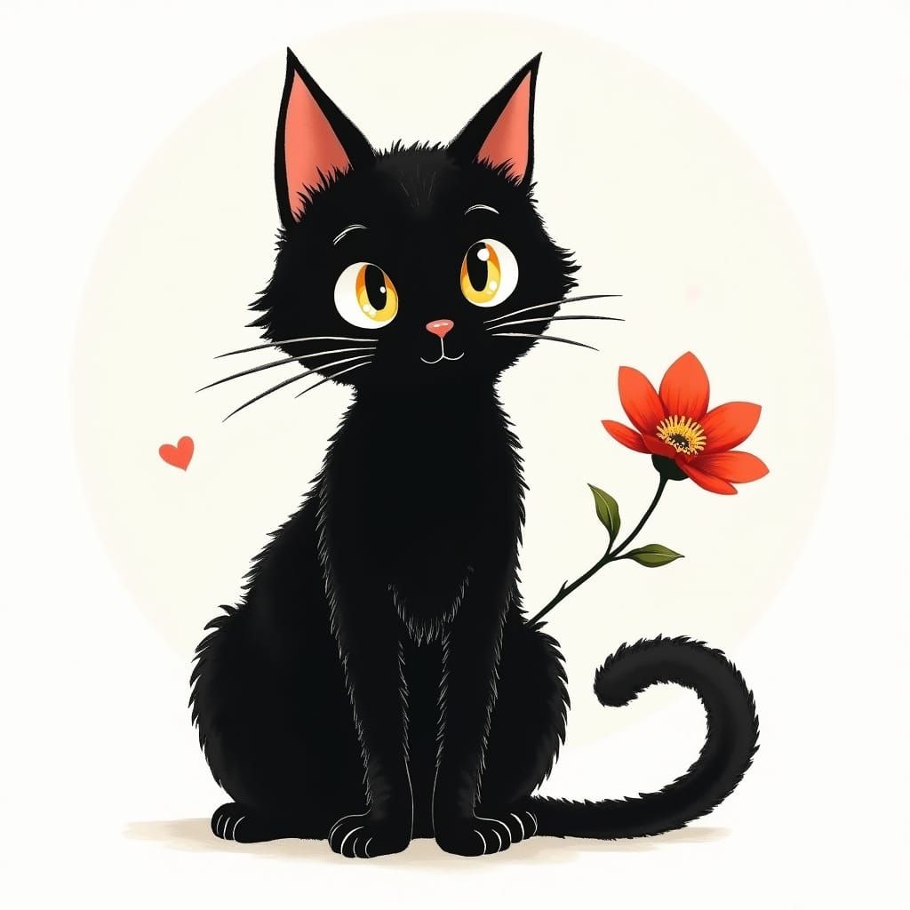 Surreal Japanese Whimsy: Black Cat in Harmony