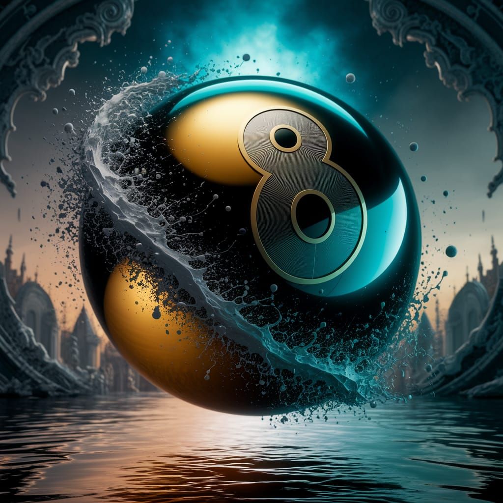 Gold and turquoise magic_8_ball, black and grey and white, splash_art, Karla_Gerard, Paul_Barson, Lucy_Grossmith, ...  by @Joy K