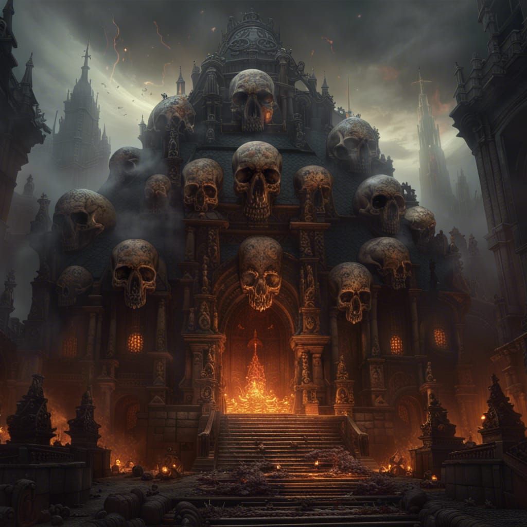 A temple of skulls with darkening mist, a giant skull in the middle ...