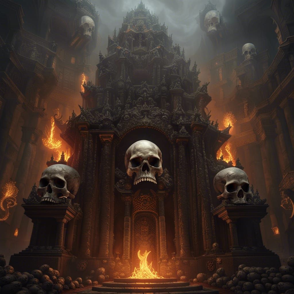 A Temple Of Skulls With Darkening Mist, A Giant Skull In The Middle 