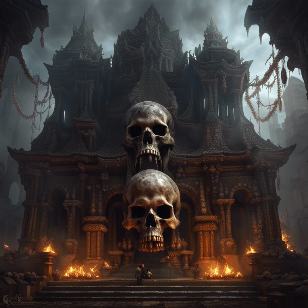 A temple of skulls with darkening mist, a giant skull in the middle ...