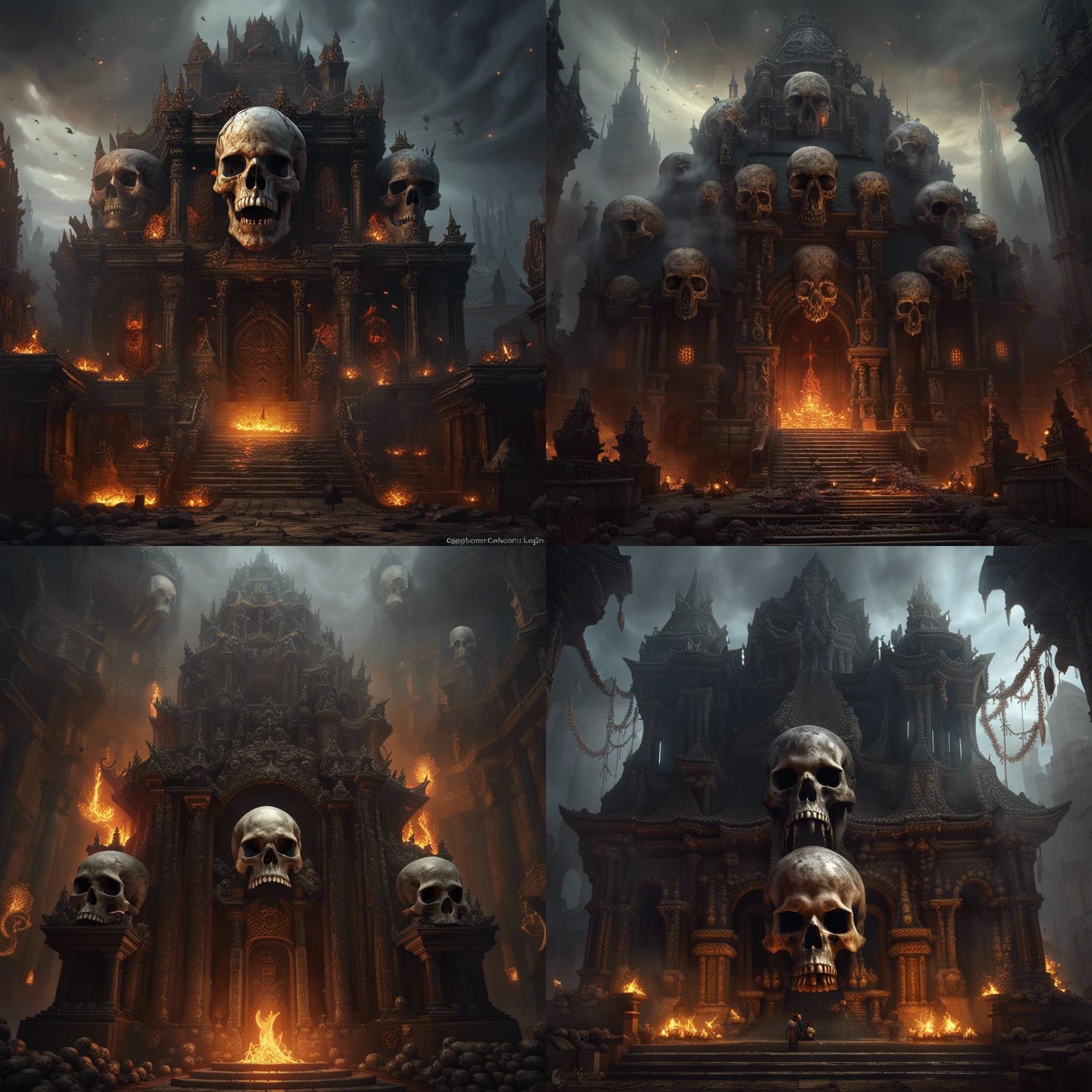 A temple of skulls with darkening mist, a giant skull in the middle ...