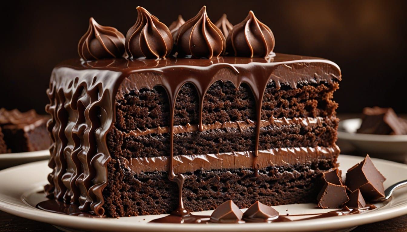 A delicious looking slice of chocolate cake with chocolate fudge icing.  by @Steveiam
