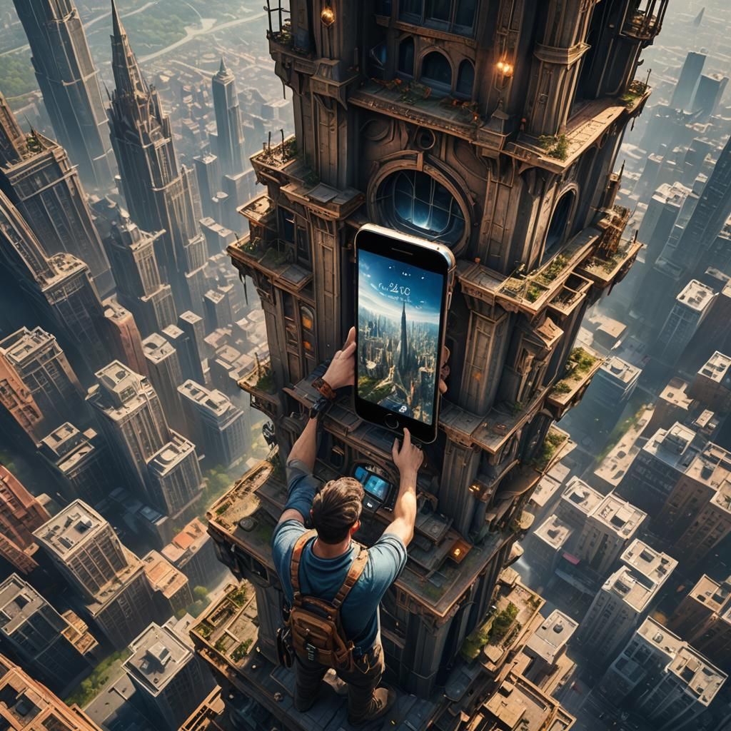 a man showing his iphone 15 from a very tall tower