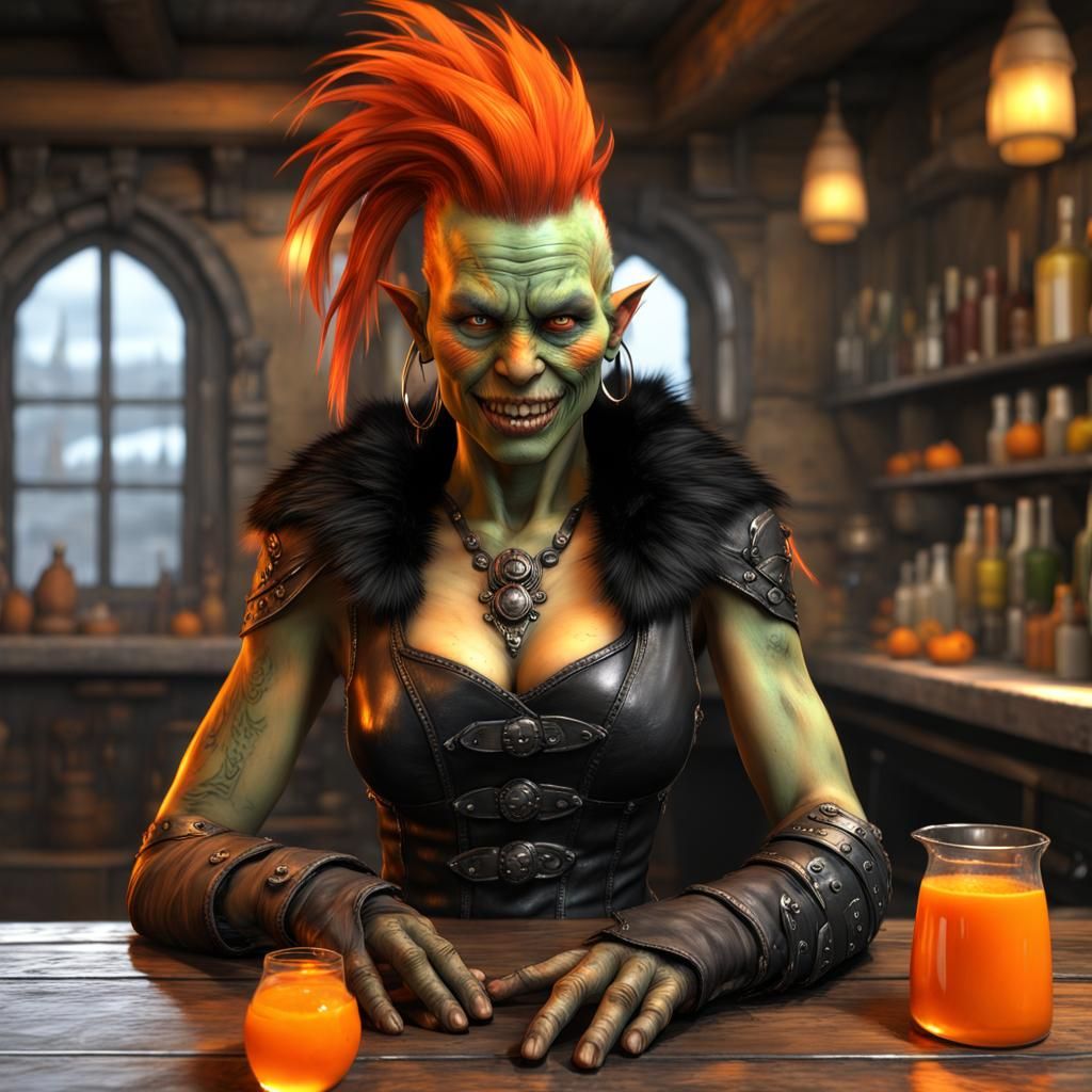 Beautiful female orc, she has a orange Mohawk, she grins as ...