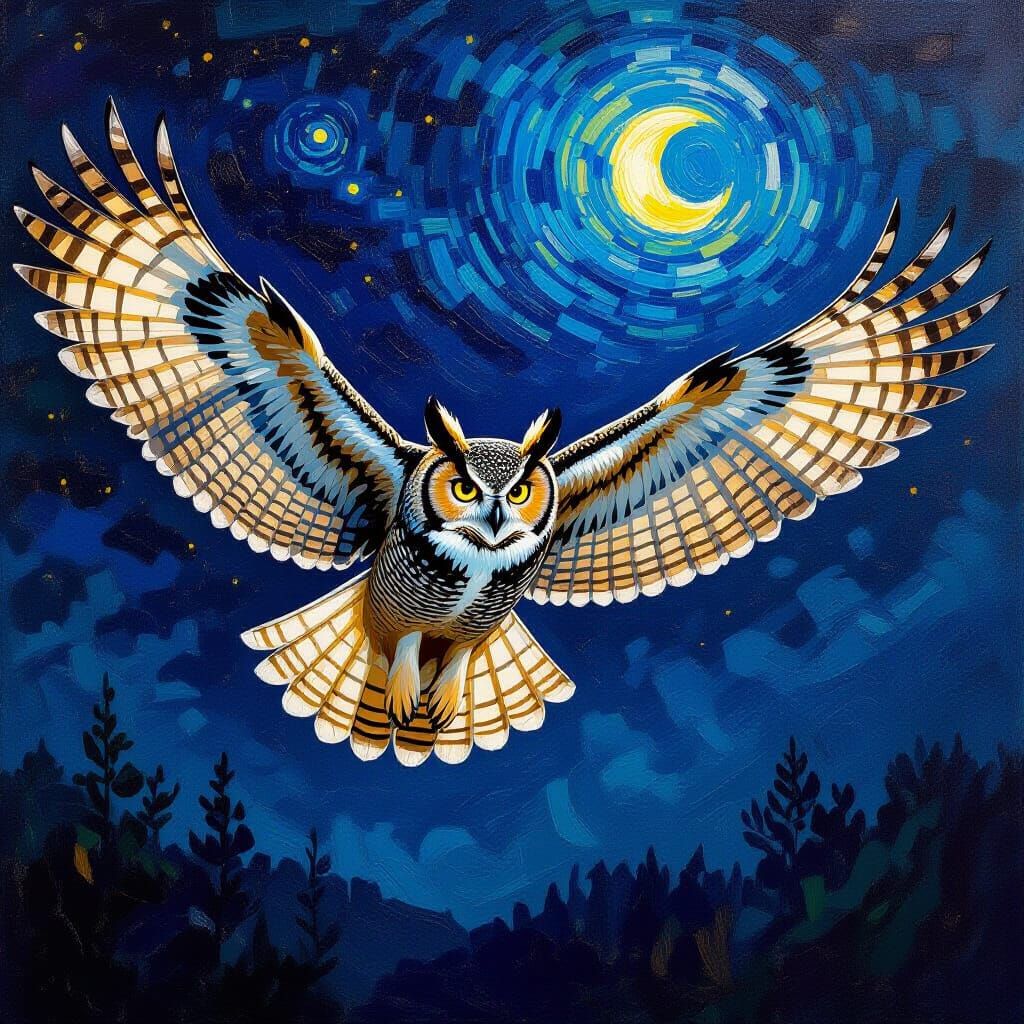 Great Horned Owl in Neo-Impressionist Style