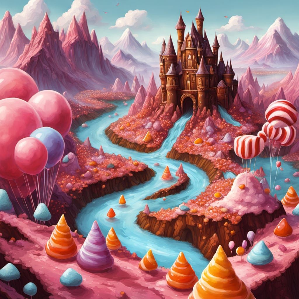 A whimsical fantasy map of a Candy World, illustrated in a colorful digital storybook style. The map includes: Peppermint Peaks in the north...