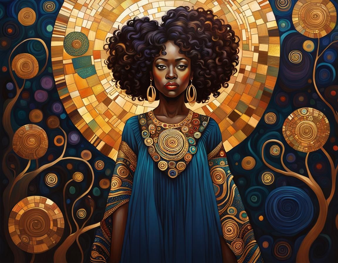 African American Woman in the style of Gustav Klimt. Rich, l...