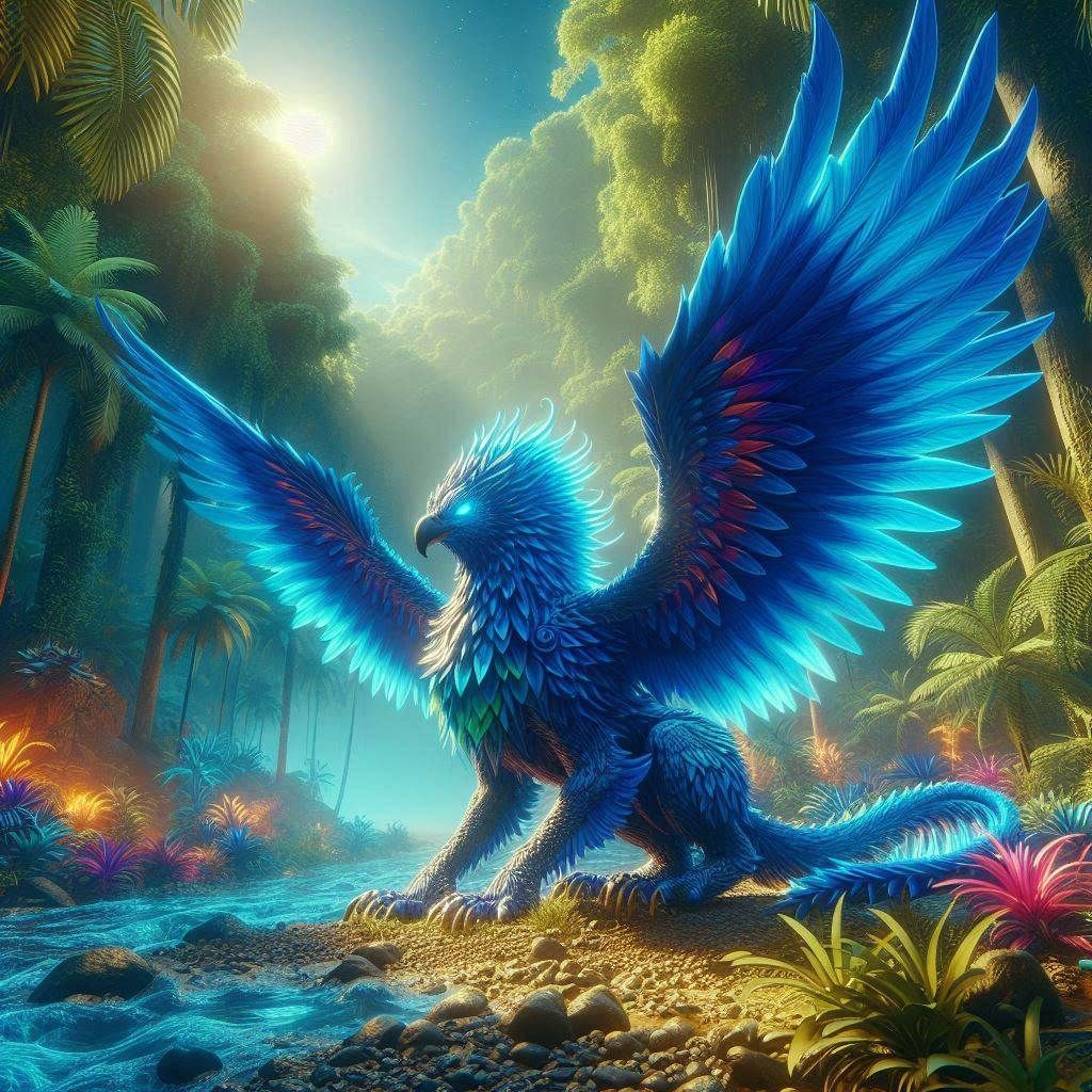 A majestic blue fire griffin