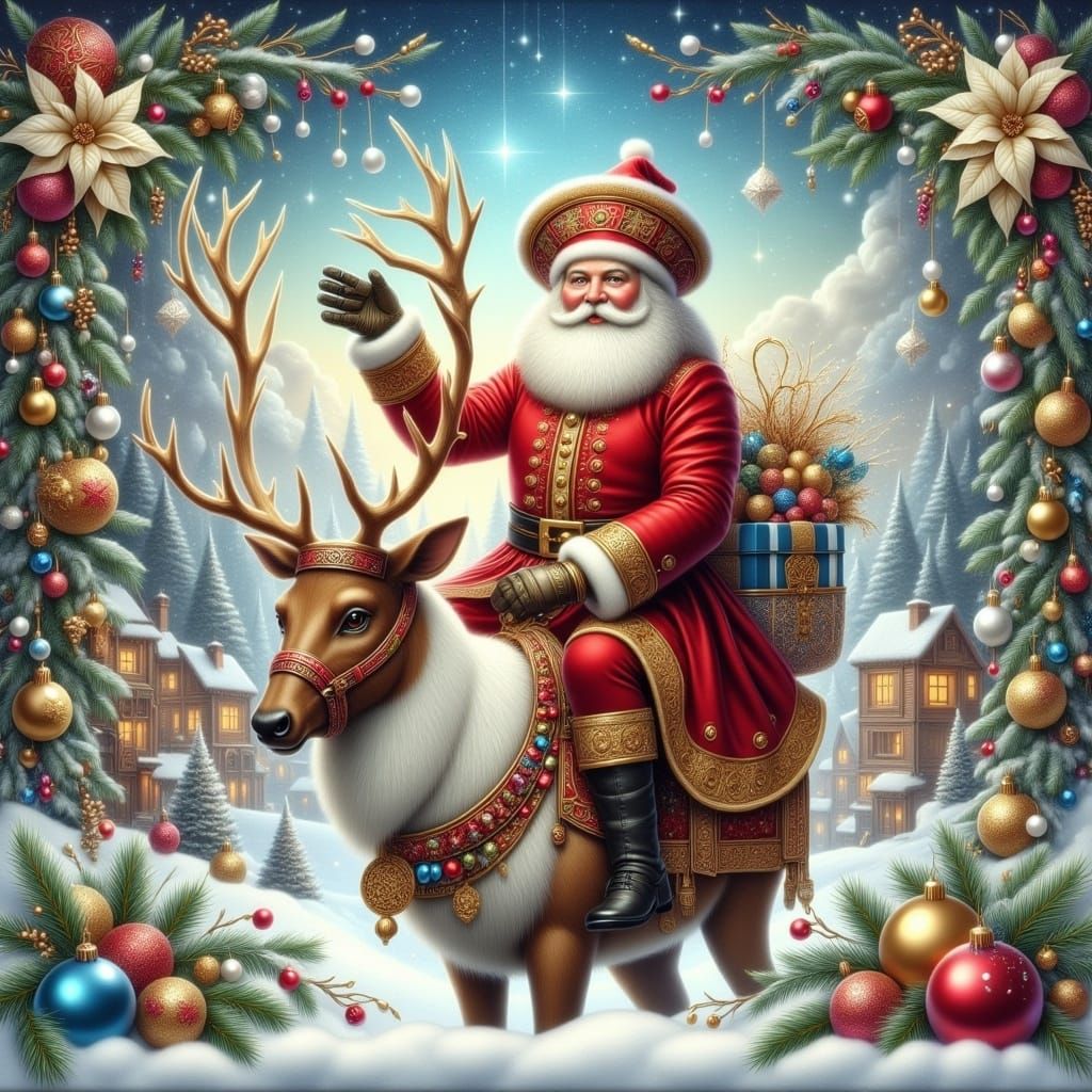 <lora:Winter Feiertage:1.0> Santa with reindeer adorned with x-mas styled harness, background Winter landscape scene featuring glittering ir...