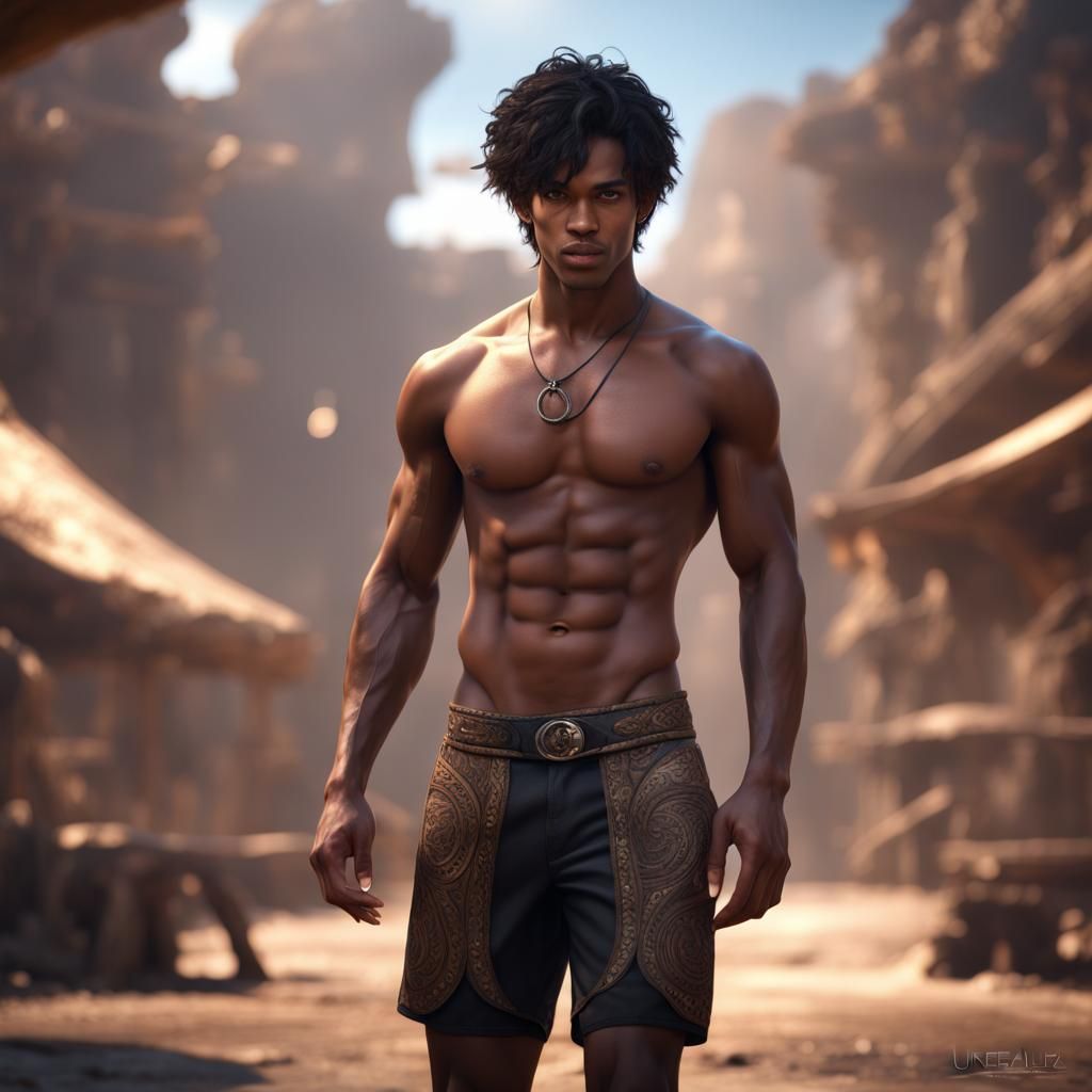 Shirtless shorts beautiful smooth young man brown skin with ...