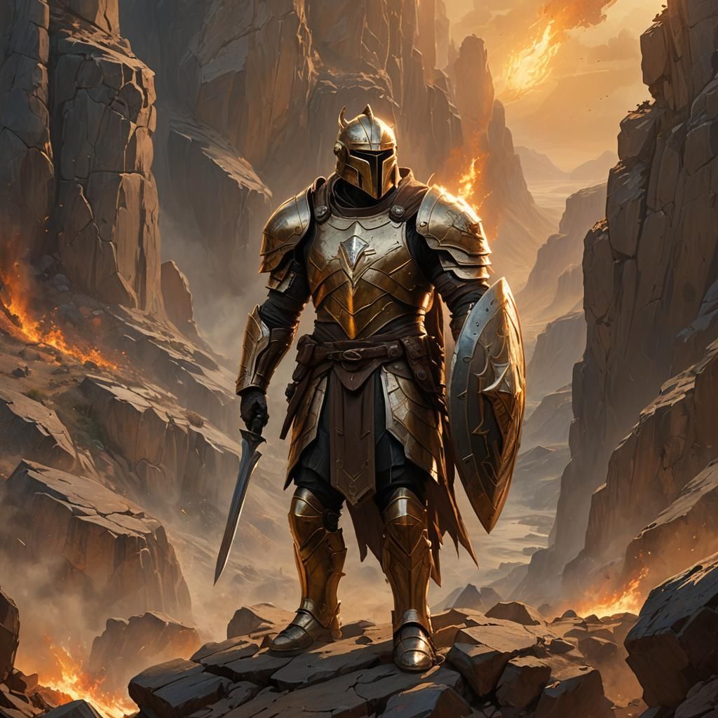 Heroic Guardian on Rocky Cliff as Oil Painting