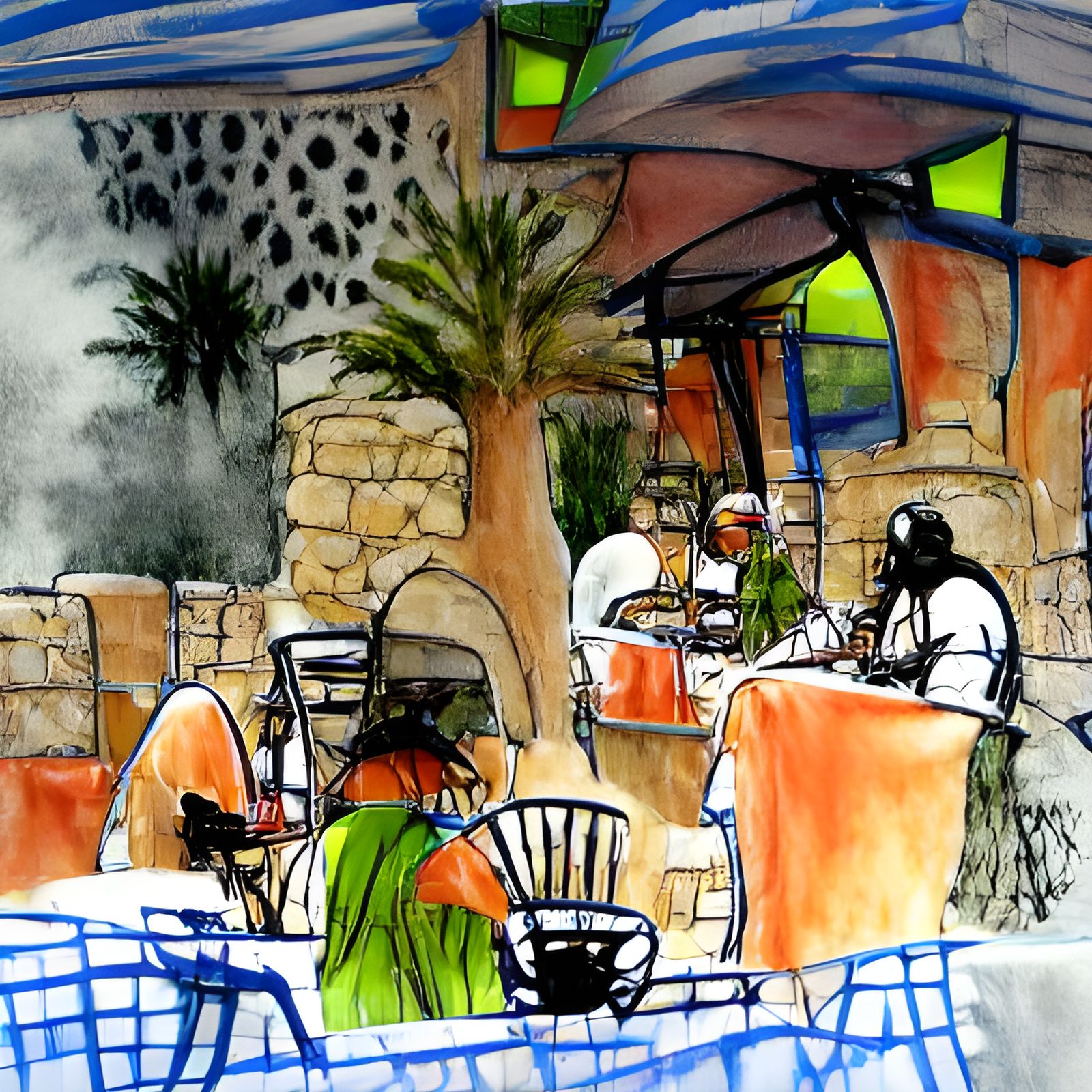 Open air Mediterranean cafe ink drawing
