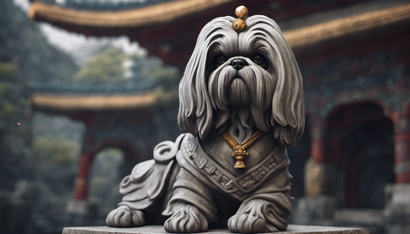 stone statue of old wise grey ancient chinese shih tzu with ...