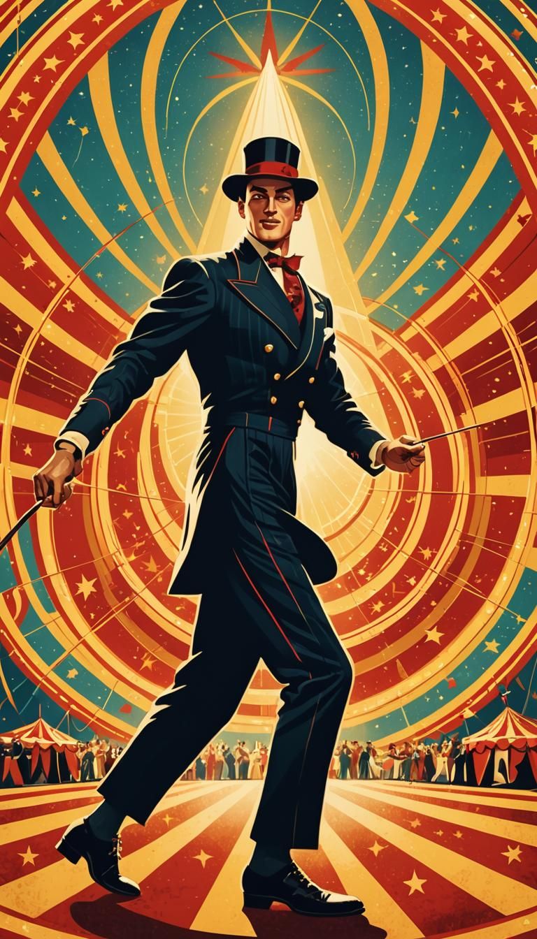 illustration styles 40s. in a circus ring, a MAN holding a m...