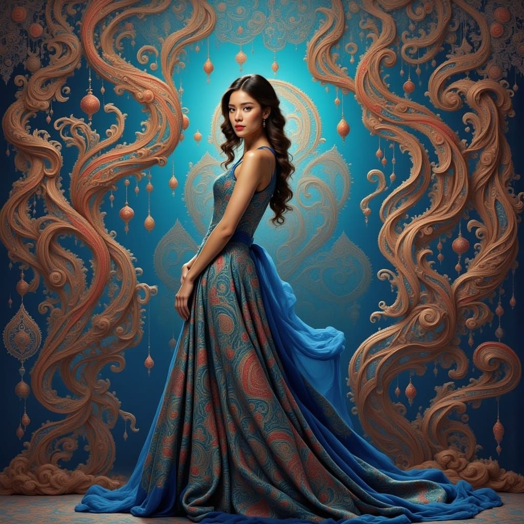 A beautiful woman wearing a paisley dress with a full skirt <lora:Paisley Powers II:1.0> 