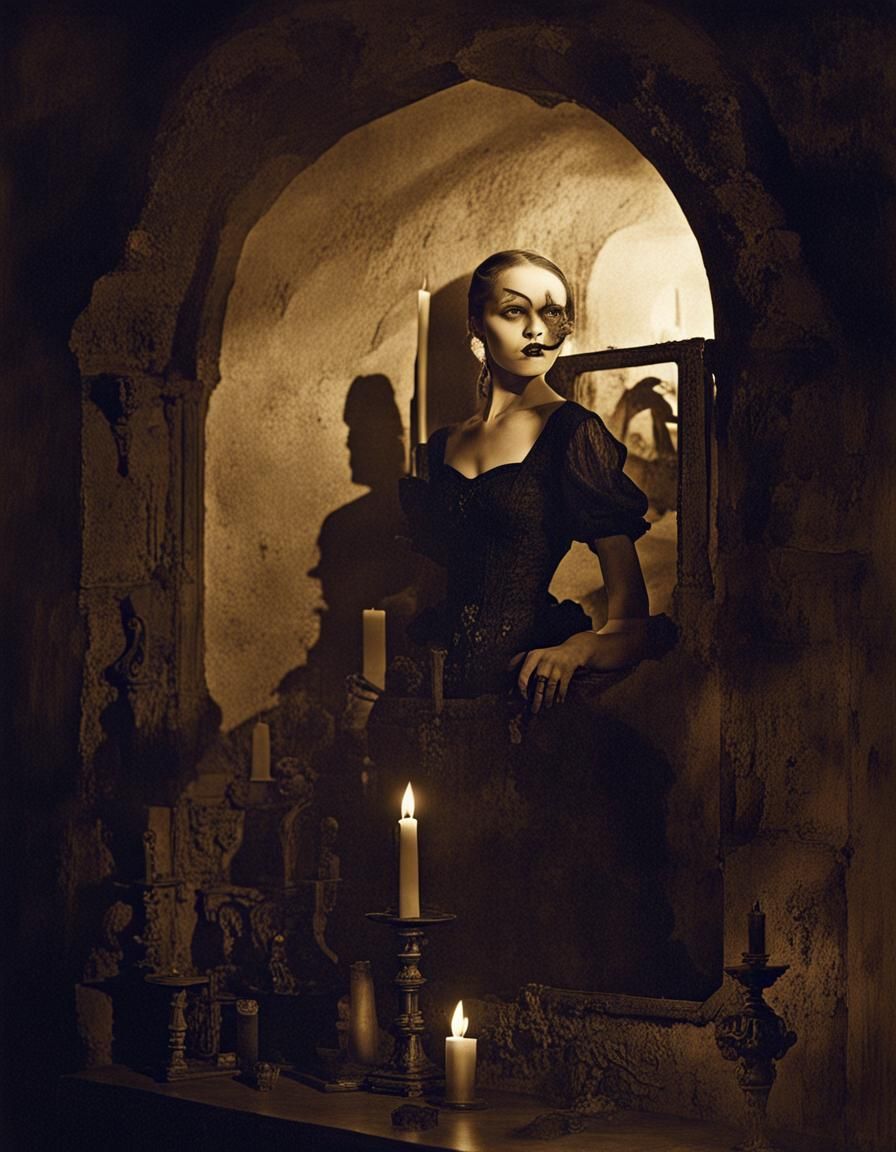 goth fashion model. photographs in the style of m. c. escher...