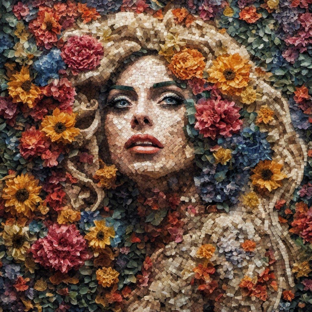 Lady Gaga mosaic made entirely of multicolored flowers, peta...