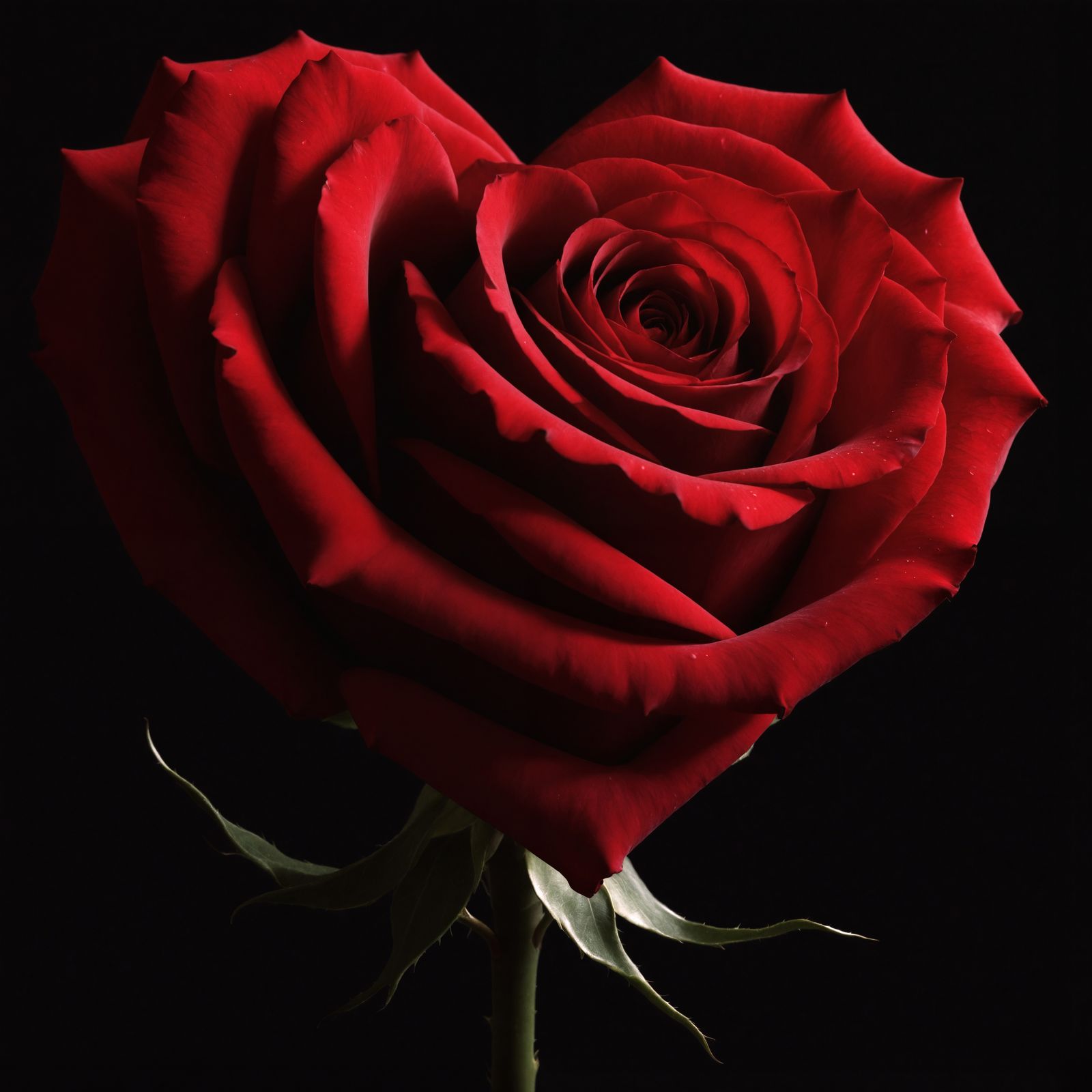 "Create an image of a single red rose shaped like a heart, with a single stem and some green leaves. The background shou...