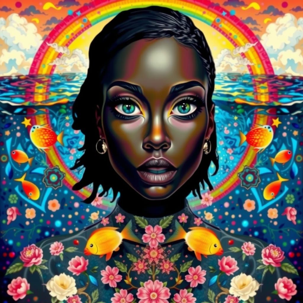 Rainbow Pointillist Portrait of Woman Under the Sea