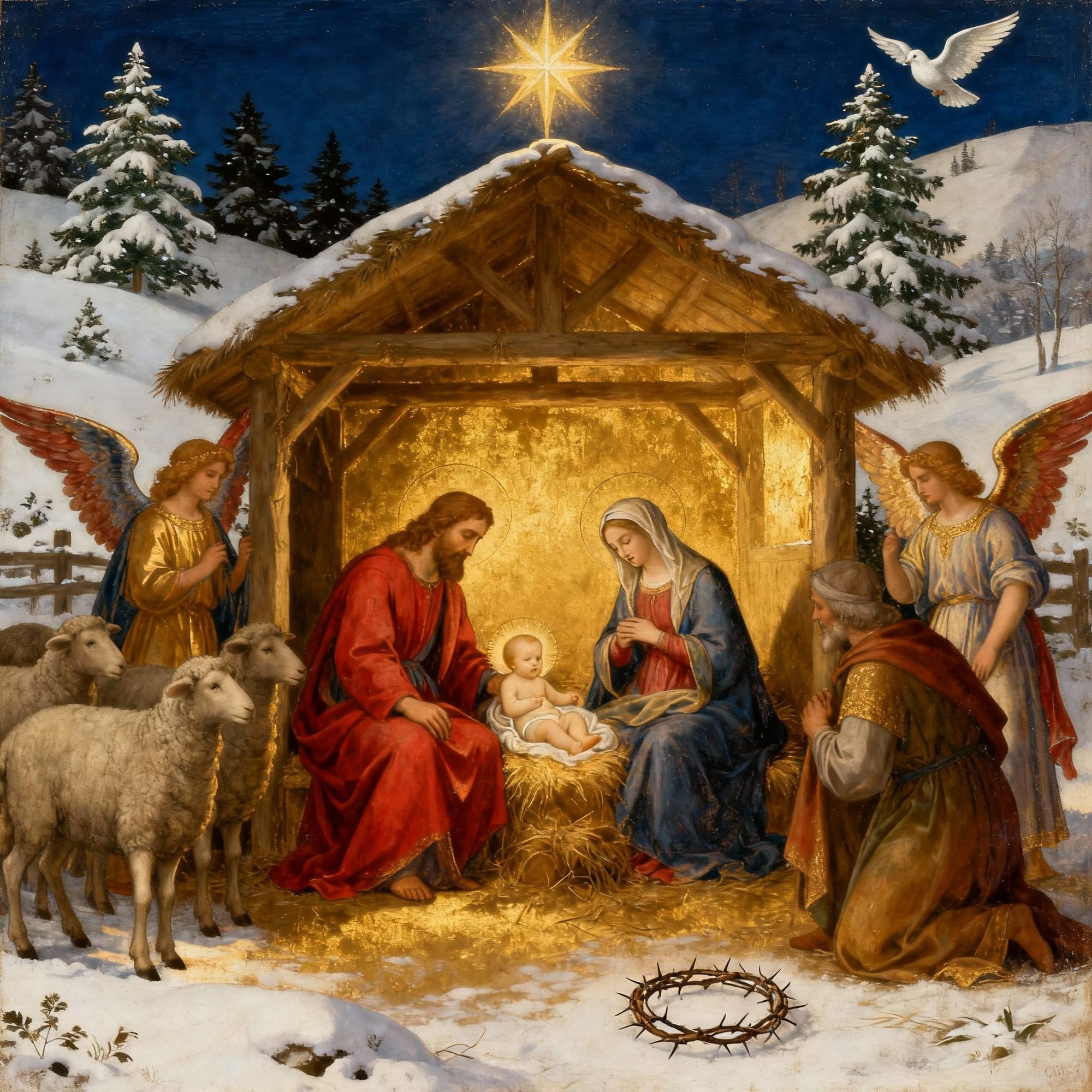 A sacred and realistic Nativity scene for a Christmas card: the Baby Jesus, Mary, and Joseph in a stable bathed in golden light, surrounded ...