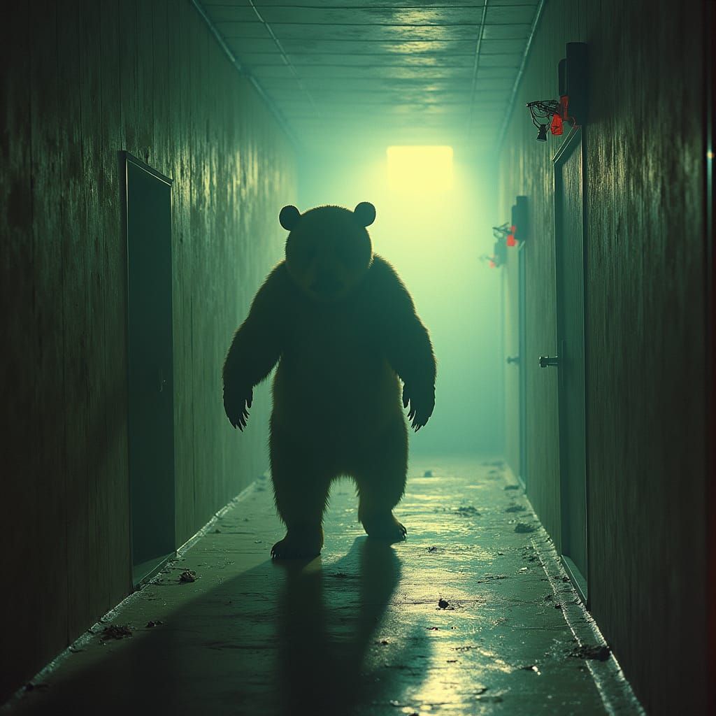 SUBJECT: walking the bear home from the bar | STYLE: surreal retro-futuristic science-fantasy film, collaboratively directed by Alejandro Jo...