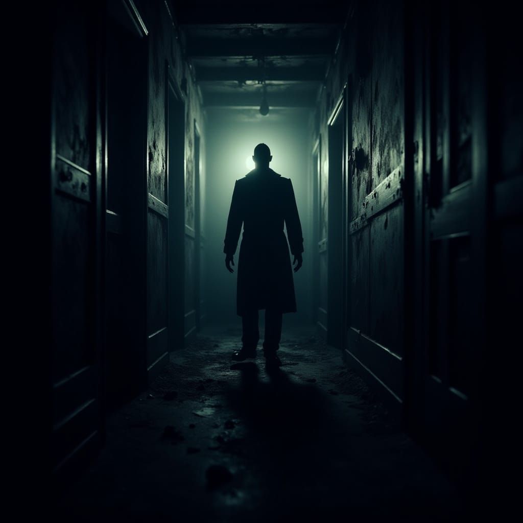 A strange creature standing in a middle of a dark, dimly lit alley.