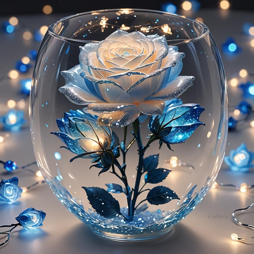cute, pretty glass crystal glittery glowing blue gradient rose, with blue, and white fairy lights inside ...  by @GIA