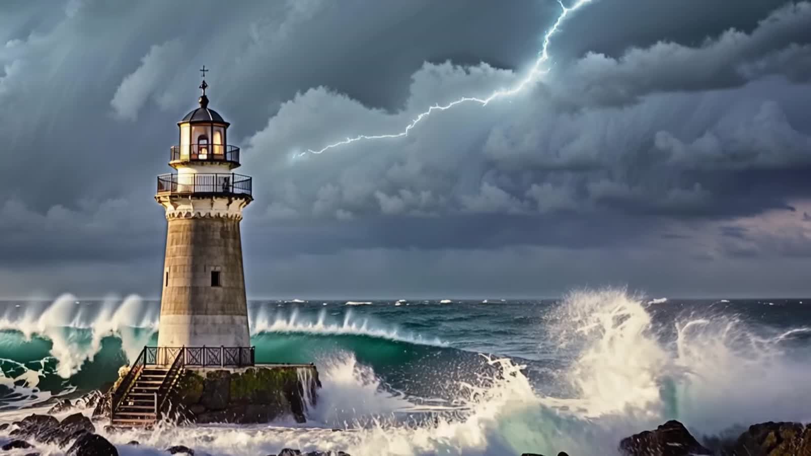 : A dramatic seascape painting of a towering lighthouse battered by a raging storm, with waves crashing against the rock...