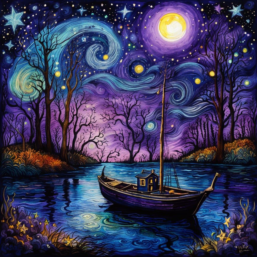 beautiful soft watercolors vincent van Gogh starry night sky scary forest trees boat lake twinkling stars ...  by @MonikaW