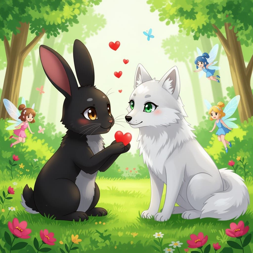 Anime Rabbit Giving Hearts to Wolf with Fairies