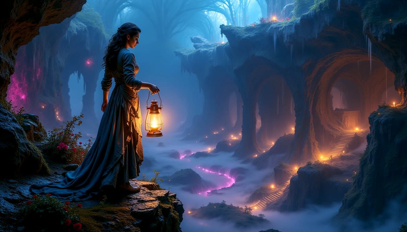 Woman with lantern in glowing forest 🏮🌳