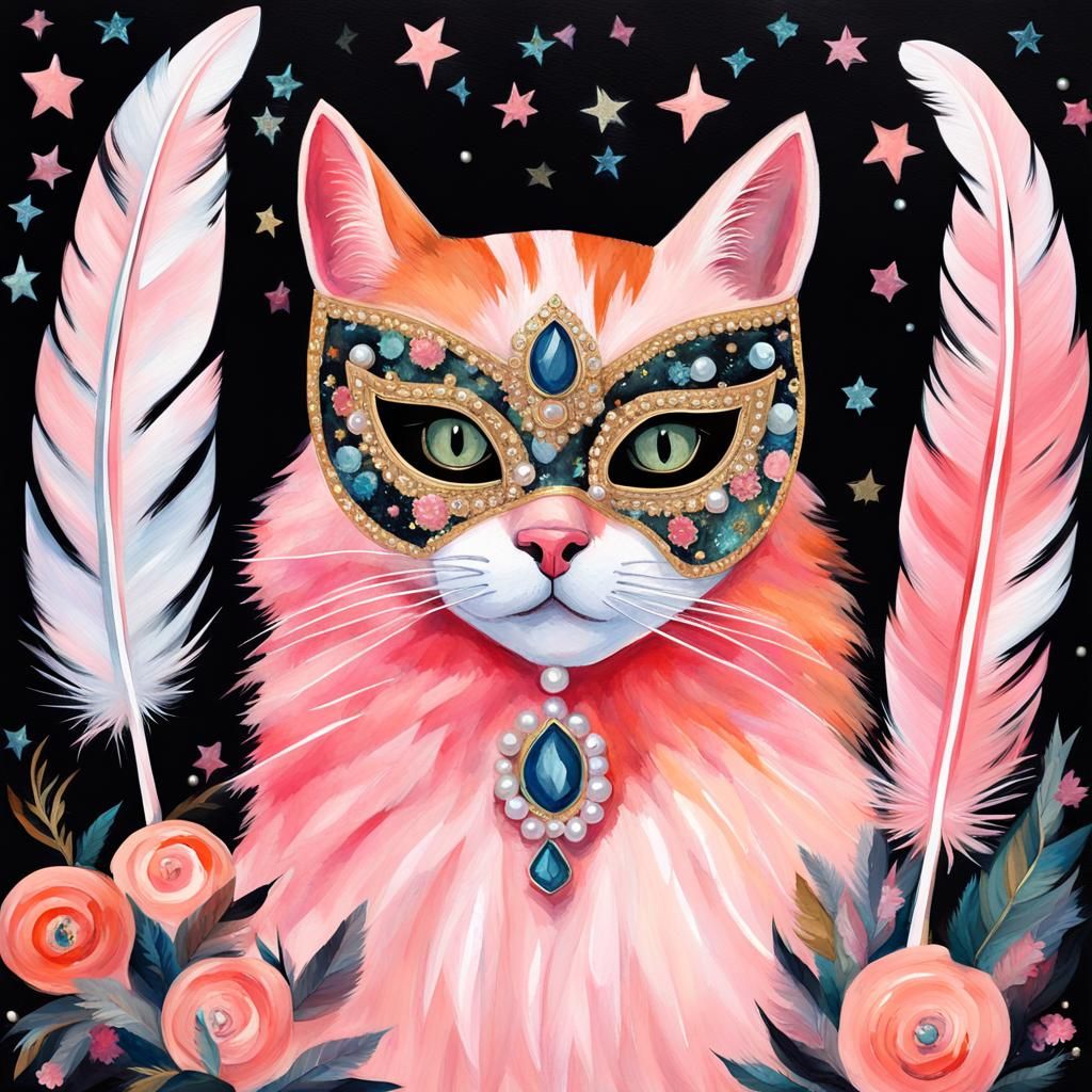 Cat Masquerade Ball in Gouache Watercolor Style
