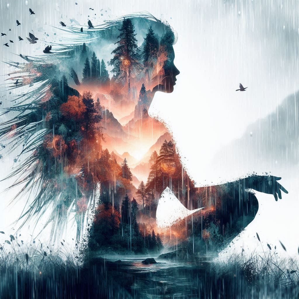 double exposure beautiful fantasy DALL-E 3 portrait landscape..